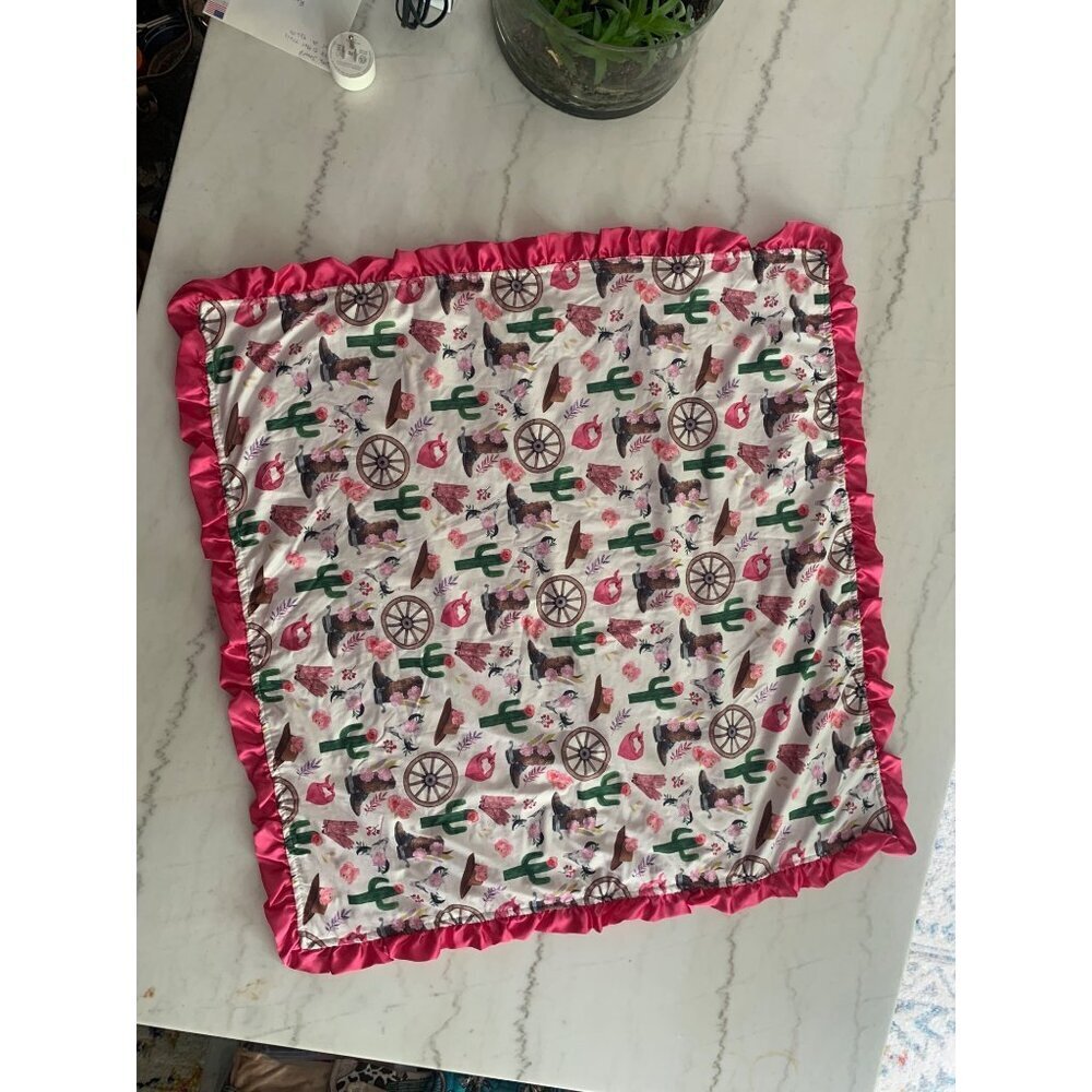 Western-Themed Baby Blanket With Pink Ruffle Edges & Minky Backing 35x35